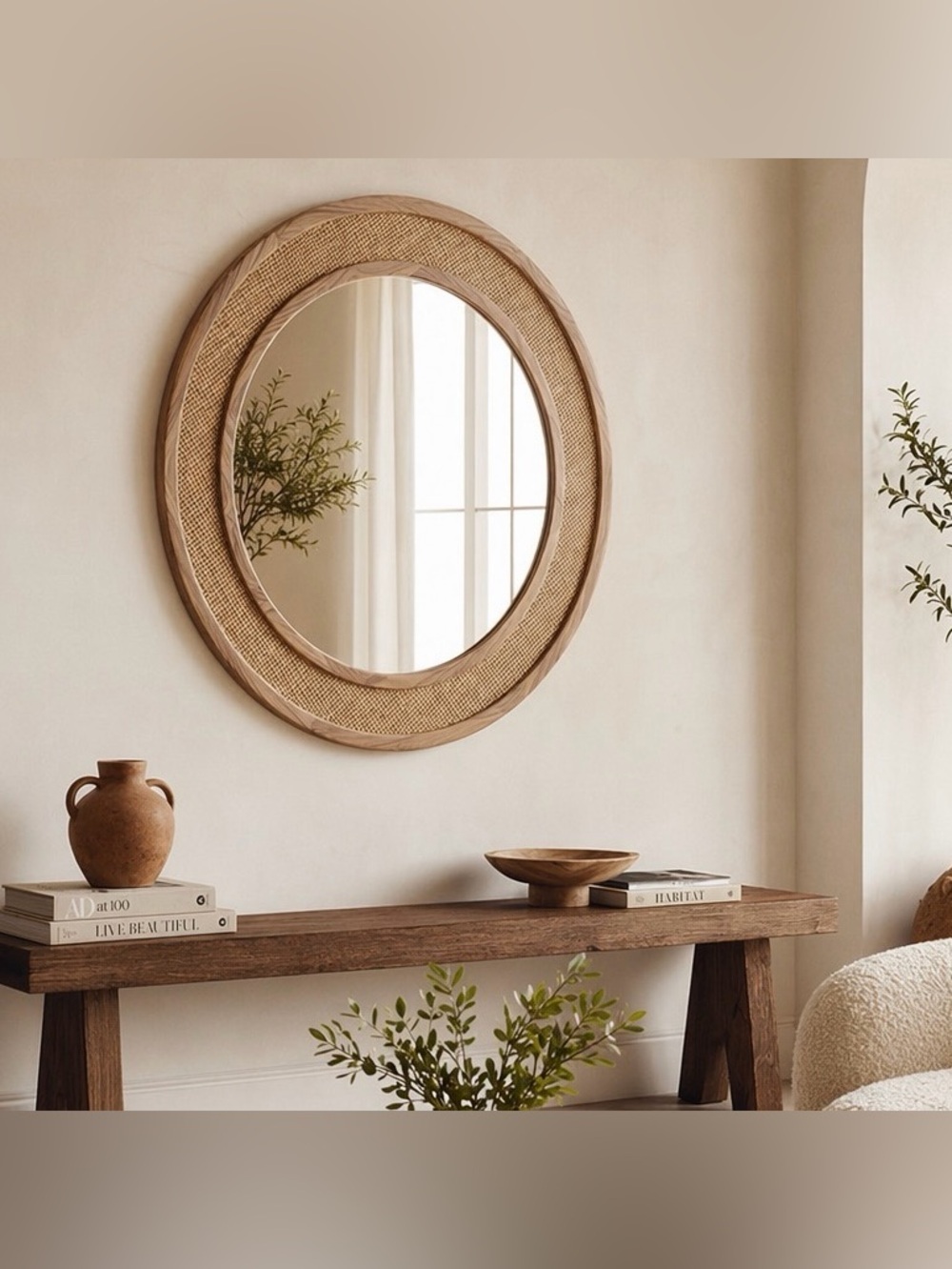 NEW West Elm Large Round Mirror Wicker Rattan Boho Wall Hanging Decor - 24” Diam - Picture 6 of 14